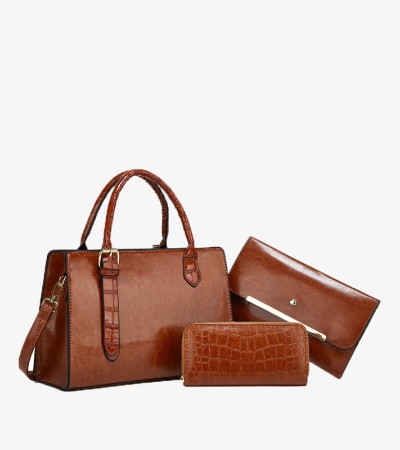 Vintage crocodile print tote three-piece set - Brown