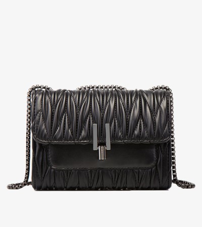 Korean fashion pleated one-shoulder slant span small bag - Black