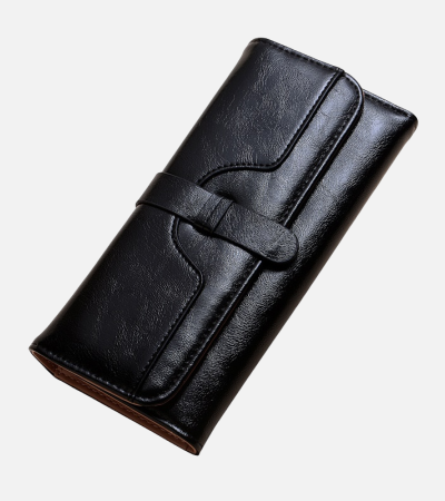Korean women's purse Women's long fashion oil wax leather triple fold draw with solid color retro women's money clip - Black