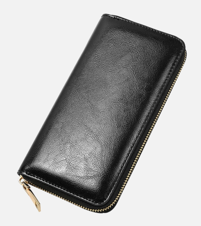 New Waxy Cowhide Zipper Purse For Women Long Leather With Large Capacity - Black